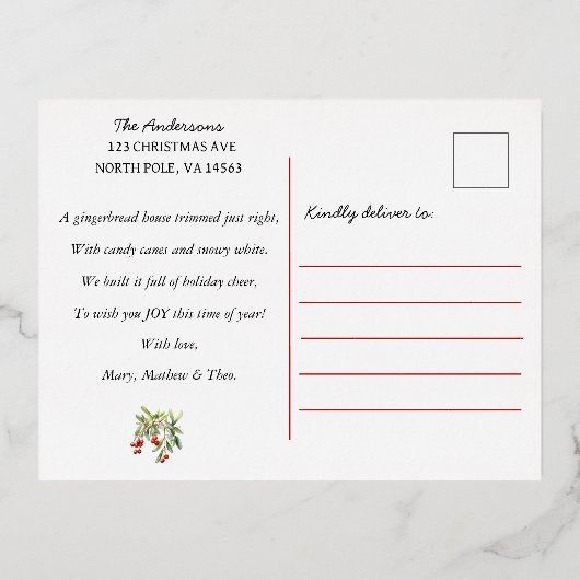 Gingerbread House | Candy Cane Red Folie Feestdagen Briefkaart (Achterkant)