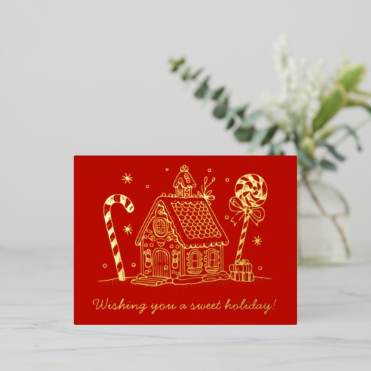 Gingerbread House | Candy Cane Red Folie Feestdagen Briefkaart (Staand Voorkant)