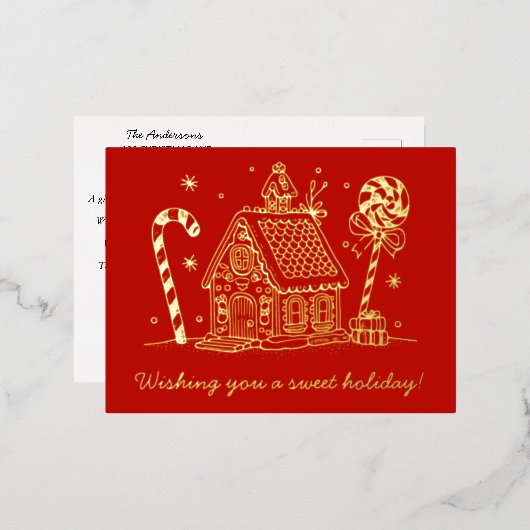 Gingerbread House | Candy Cane Red Folie Feestdagen Briefkaart (Voorkant / Achterkant)