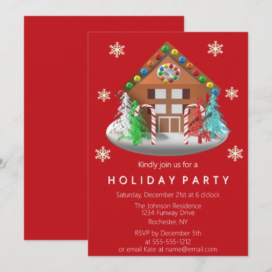 Gingerbread House Candy Cane Red Holiday Party Kaart (Voorkant / Achterkant)