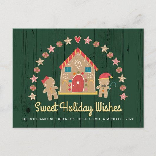 Gingerbread House Cookie Zoete Wensen Groen Rustie Feestdagenkaart (Voorkant)