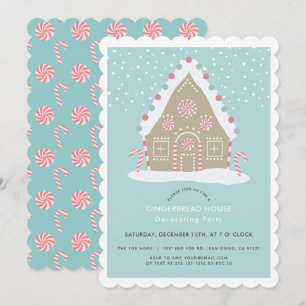 Gingerbread House Decorating Blue Holiday Party Kaart