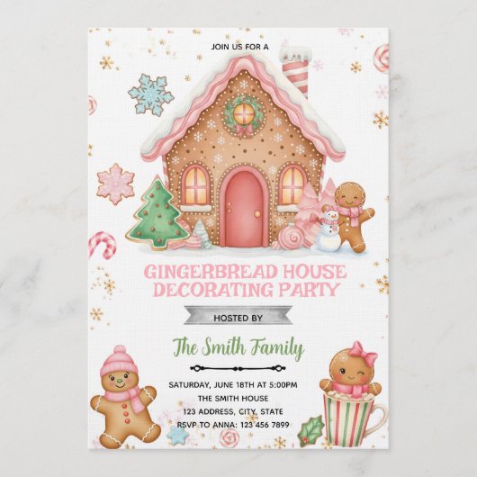 Gingerbread House Decorating pink theme Invitation Kaart (Voorkant)