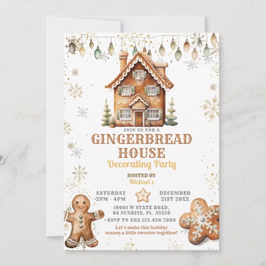 Gingerbread House Gold Christmas Decorating Party Kaart (Voorkant)