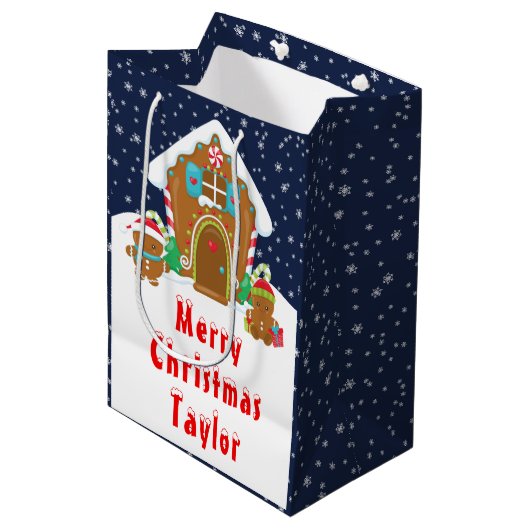 Gingerbread House Marine en Red Merry Christmas Medium Cadeauzakje (Voorkant Gekanteld)