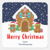 Gingerbread House Marine en Red Merry Christmas Vierkante Sticker (Voorkant)