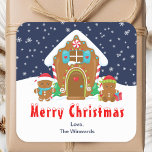 Gingerbread House Marine en Red Merry Christmas Vierkante Sticker<br><div class="desc">Deze leuke en feestelijke Merry Christmas sticker kan worden gepersonaliseerd met een naam, relatie of titel. Het beschikt over een schattig peperkoekenhuis versierd met rood en groen snoep. Daarnaast zijn er schattige peperkoek mannen met geschenken, gekleed in kerstmutsen en een sjaal. Op de achtergrond is een marineblauwe winterlucht met elegante...</div>