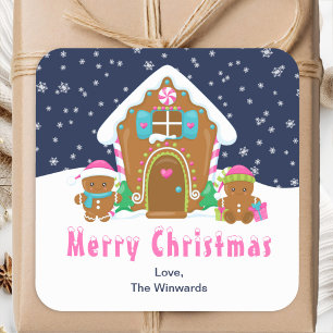 Gingerbread House Marine en Roze Vrolijk Kerstfees Vierkante Sticker