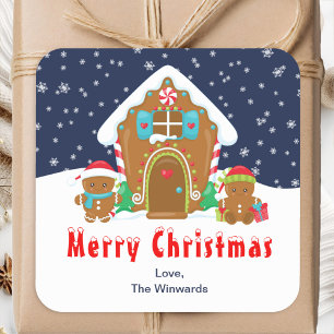 Gingerbread House Navy en Rode Prettig Kerstfeest Vierkante Sticker
