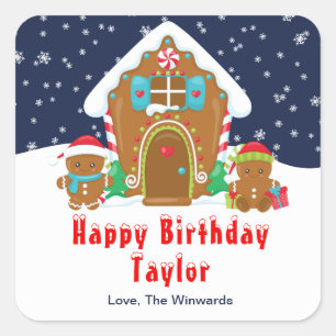 Gingerbread House Navy en Rood Gelukkig Verjaardag Vierkante Sticker
