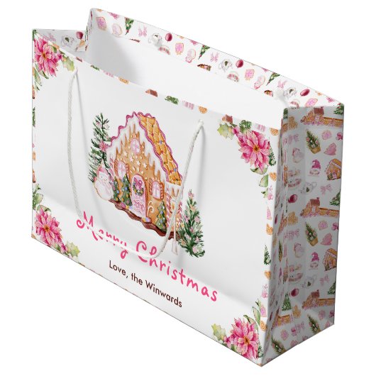 Gingerbread House Pink Merry Christmas Groot Cadeauzakje (Voorkant Gekanteld)