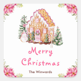 Gingerbread House Pink Merry Christmas Vierkante Sticker