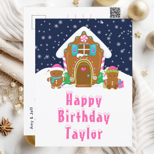 Gingerbread House Roze en Navy Happy Birthday Briefkaart