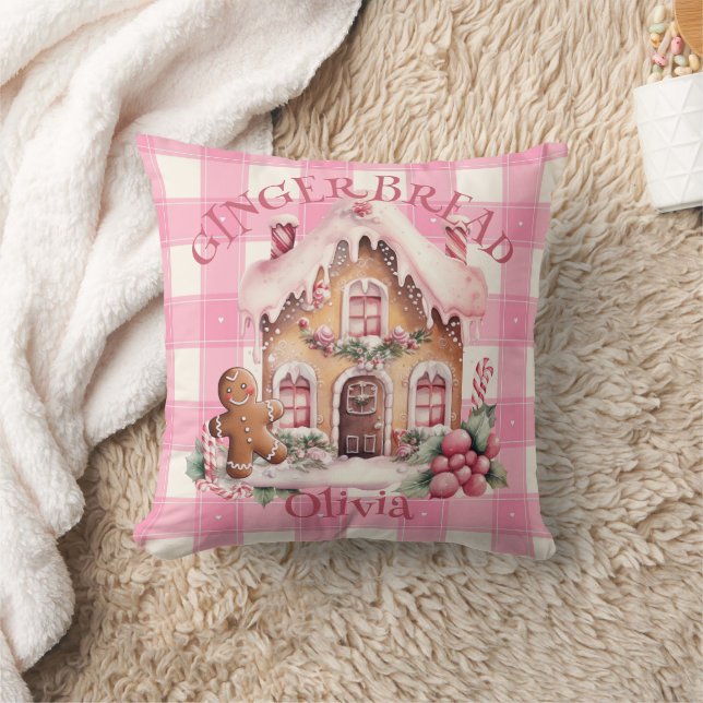 Gingerbread House Roze Geruite Custom Kussen (Deken)