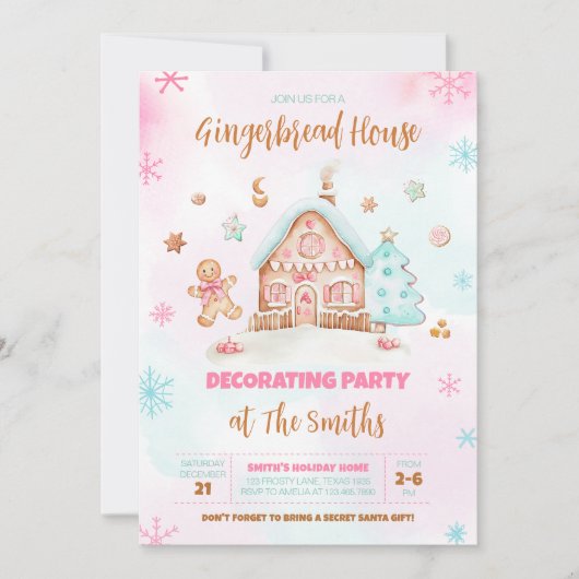 Gingerbread House Roze Kerstmis Decorating Party Kaart (Voorkant)