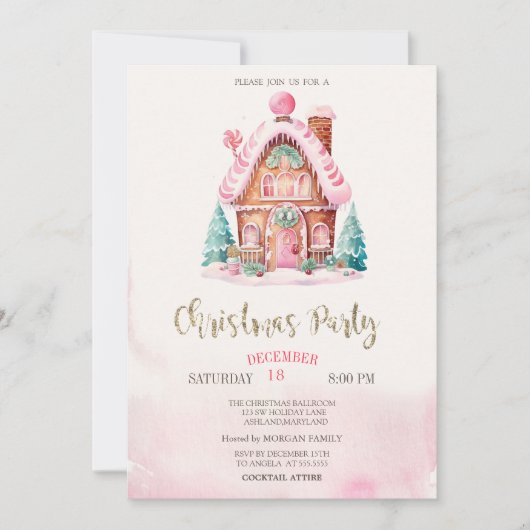 Gingerbread House Roze Kerstmis Kaart (Voorkant)