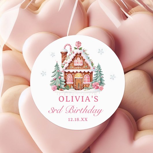 Gingerbread House Roze Kerstmis Verjaardag Ronde Sticker