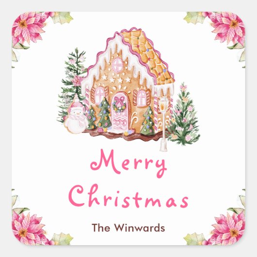 Gingerbread House Roze Kerstmis Vierkante Sticker (Voorkant)