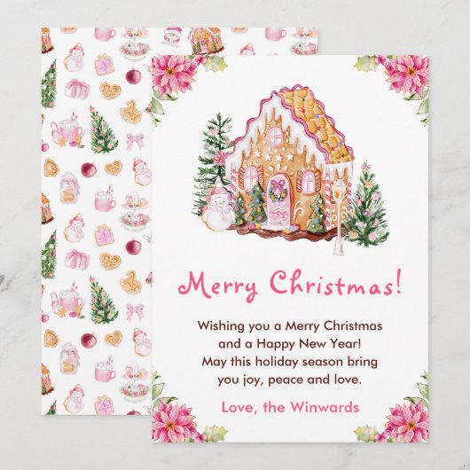 Gingerbread House Roze Prettig Kerstfeest Feestdagenkaart (Voorkant / Achterkant)