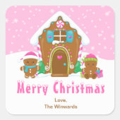 Gingerbread House Roze Vrolijk Kerstfeest Vierkante Sticker (Voorkant)