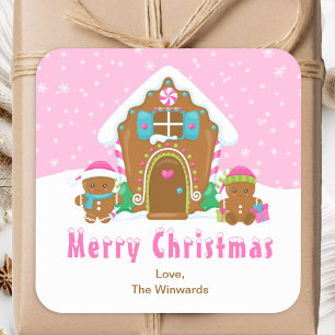 Gingerbread House Roze Vrolijk Kerstfeest Vierkante Sticker
