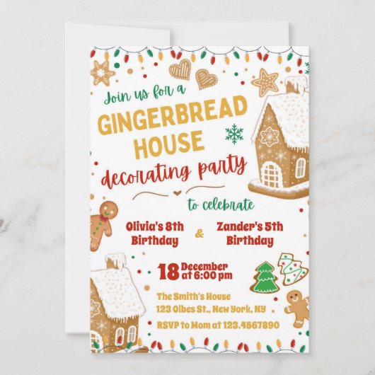 Gingerbread House Sibling Dubbele Verjaardag Kaart (Voorkant)