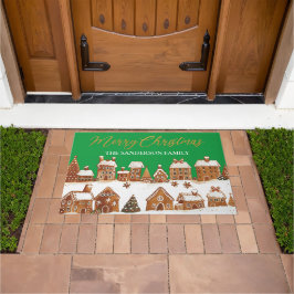 Gingerbread Houses Merry Christmas Greetings Green Deurmat