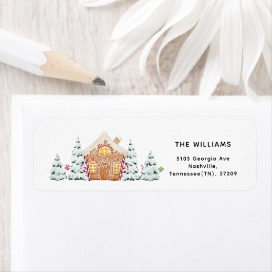 Gingerbread huis besneeuwde bomen minimalistische  etiket (Insitu)