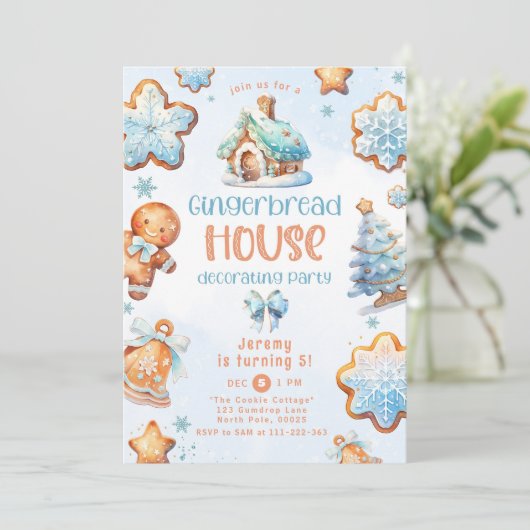Gingerbread huis decoreren partij blauw Verjaardag Kaart (Staand voorkant)