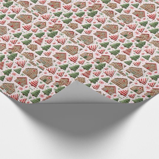Gingerbread Huis en Gestreepte Bomen Cadeaupapier (Hoek)