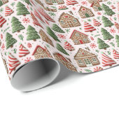 Gingerbread Huis en Gestreepte Bomen Cadeaupapier (Rol Hoek)