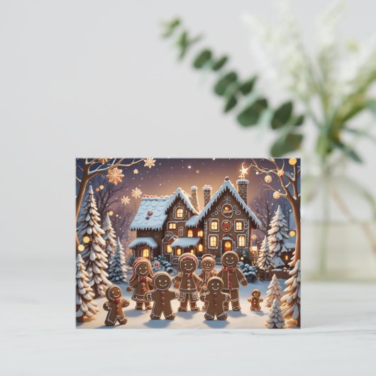 Gingerbread huis en schattige peperkoek familie briefkaart (Staand voorkant)