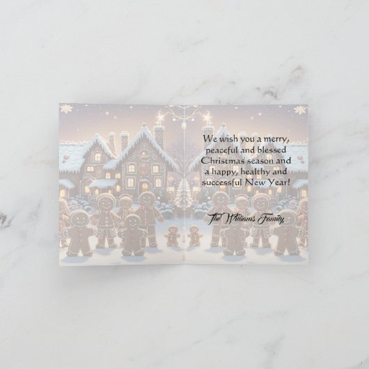 Gingerbread huis en schattige peperkoek familie feestdagen kaart (Binnen)