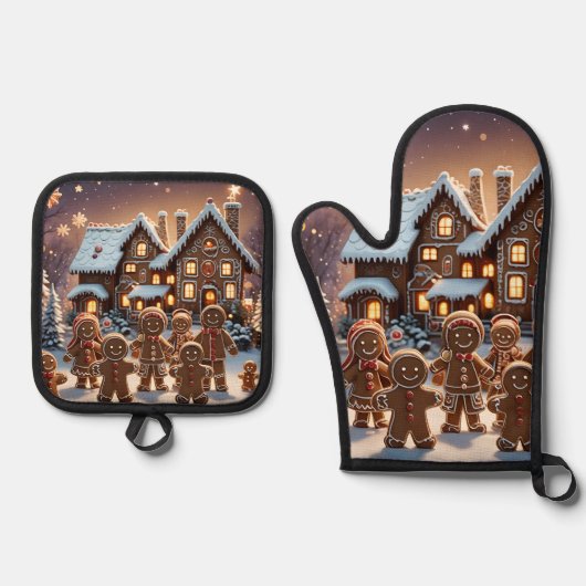 Gingerbread huis en schattige peperkoek familie ovenwant & pannenlap set (Voorkant)