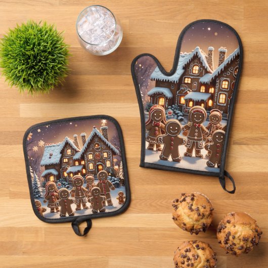 Gingerbread huis en schattige peperkoek familie ovenwant & pannenlap set (Top down)