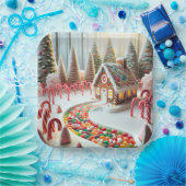 Gingerbread huis met snoepstokken papieren bordje (Feest)