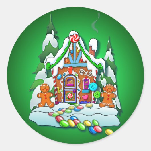 GINGERBREAD HUIS VAN SHARON SHARPE RONDE STICKER (Voorkant)