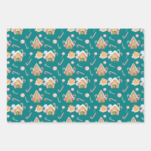 Gingerbread Huizen & Candy Canes Set Inpakpapier Vel (Voorkant)