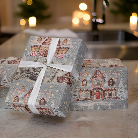 Gingerbread Huizen Kerstmis Sneeuw Staal Grijs Cadeaupapier
