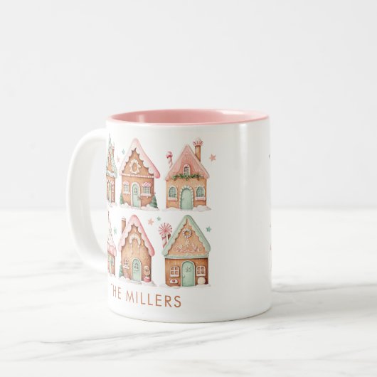 Gingerbread Huizen Roze Munt Kerstmis Tweekleurige Koffiemok (Voorkant links)