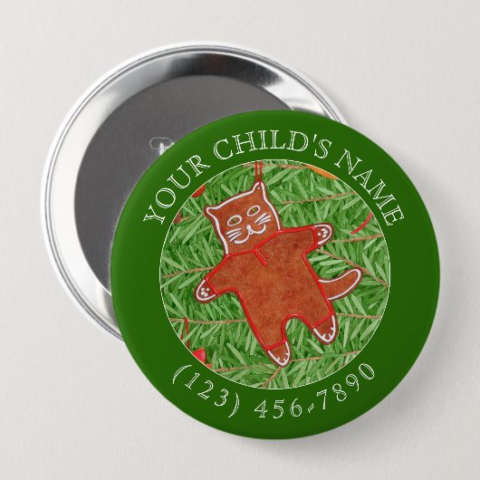 GINGERBREAD KAT Child ID Button - Groen (Voorkant /achterkant)