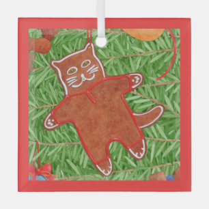 GINGERBREAD KAT Glas Vierkant Ornament