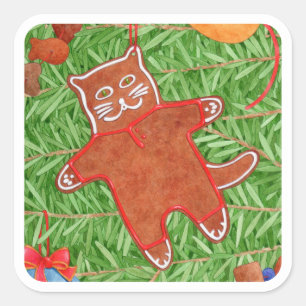 GINGERBREAD KAT Grote Vierkante Sticker / Wit