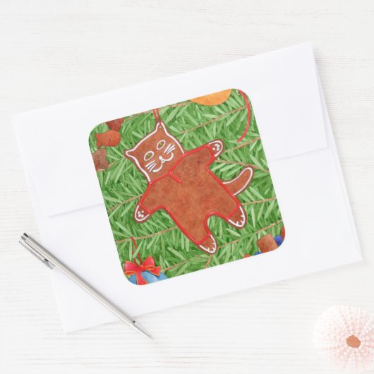GINGERBREAD KAT Grote Vierkante Stickers (Envelop)