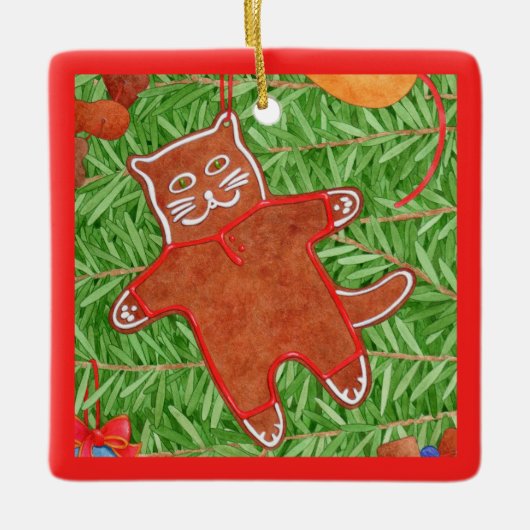 GINGERBREAD KAT Keramisch Vierkant Ornament (Voorkant)