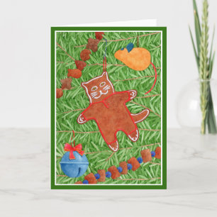 GINGERBREAD KAT "Meowy Christmas" Kaart / Groen