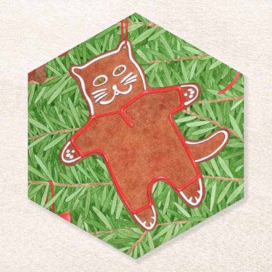 GINGERBREAD KAT Pointy Hexagon Papier Onderzetters (Voorkant)