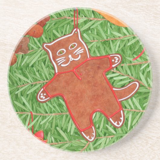 GINGERBREAD KAT rond zandsteen Onderzetter (Voorkant)