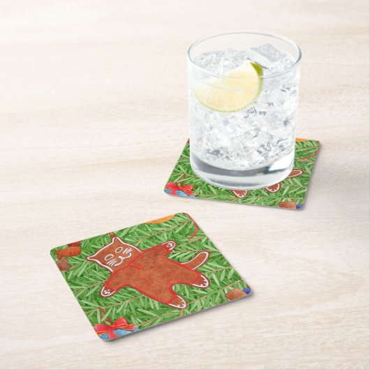 GINGERBREAD KAT Vierkante Papier Onderzetters (Insitu)