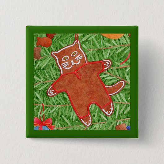 GINGERBREAD KAT Vierkante Pin Button / Groen (Voorkant)